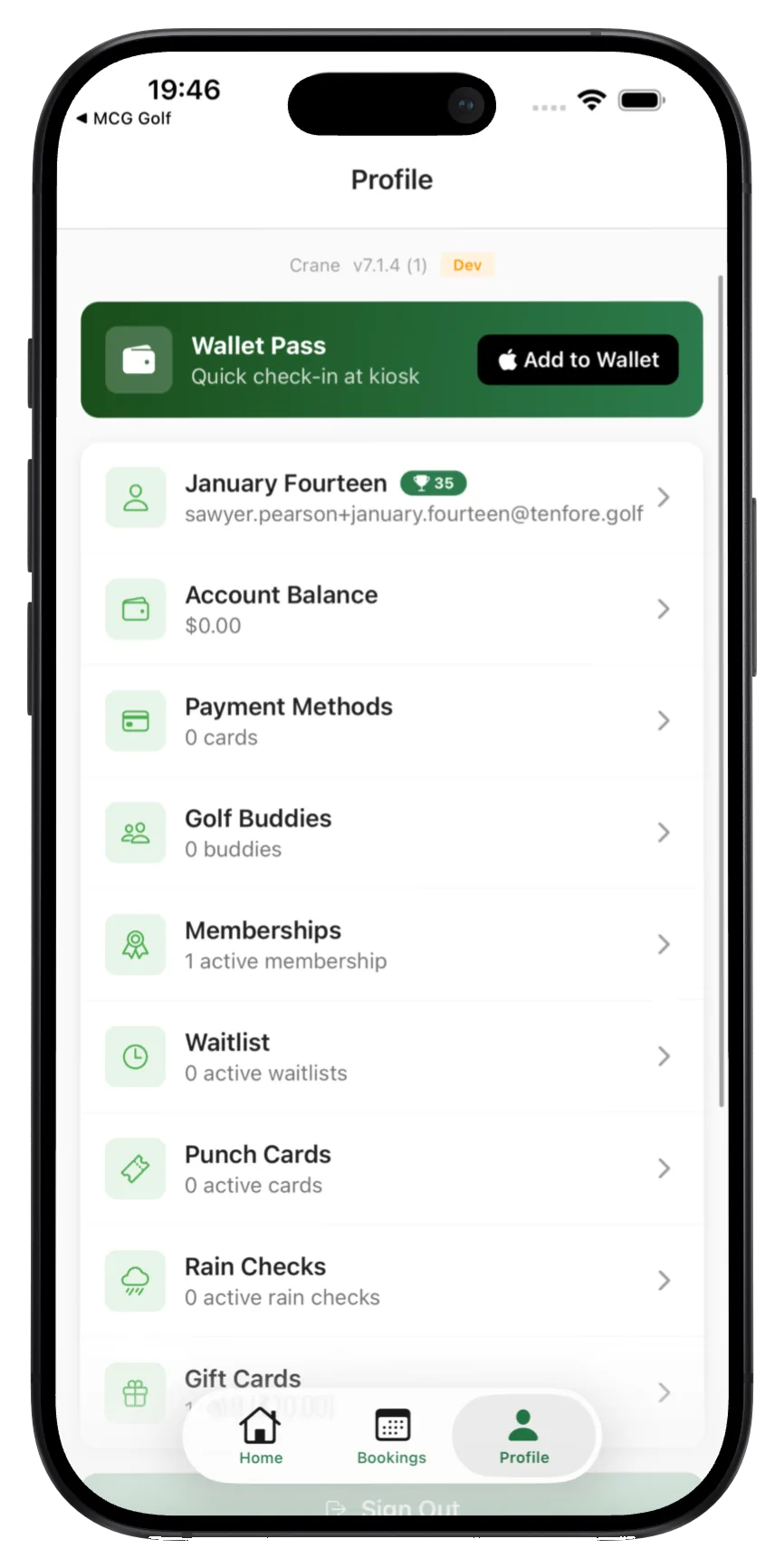 Golfer profile screen