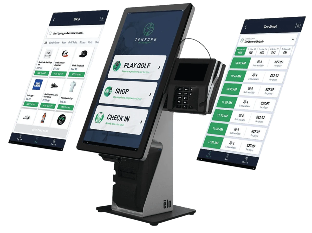 TenFore self-service kiosk with tee sheet, shop and check-in screens