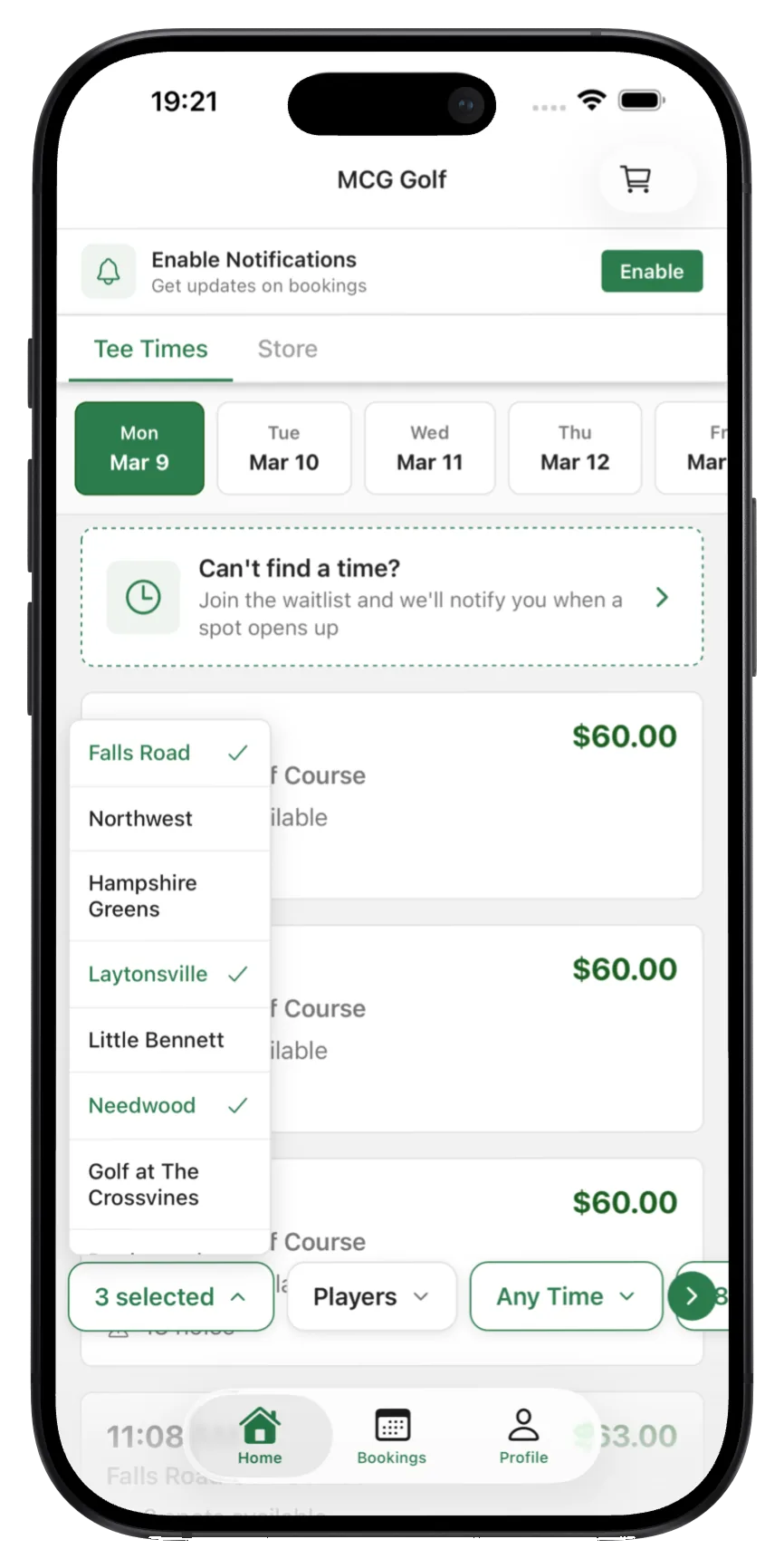 Multi-course selector screen
